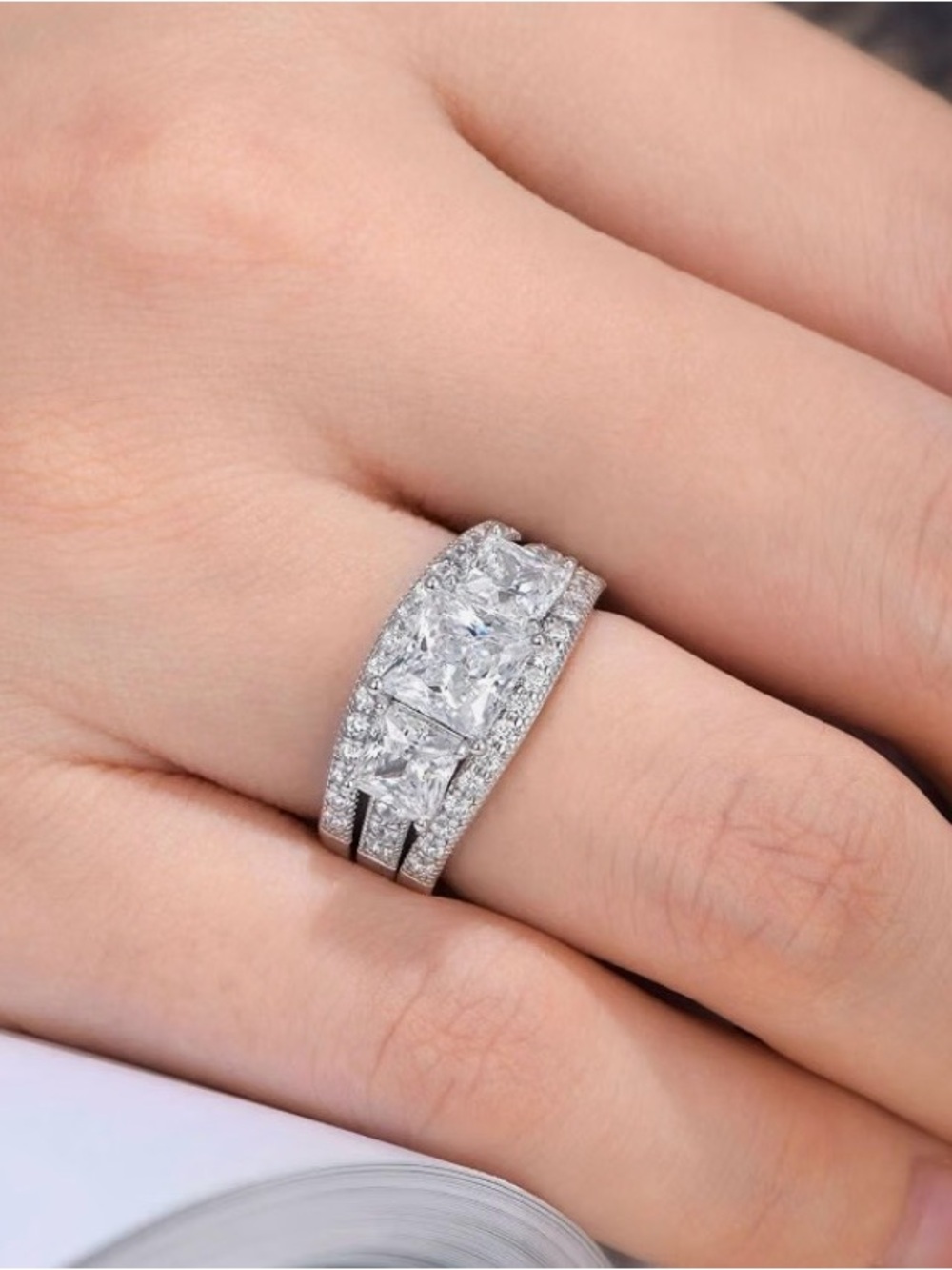 Three Stone Ring Set with Princess Cut Moissanite Center Gemston